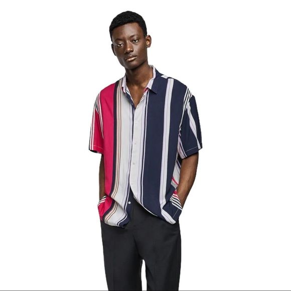 Zara Men's Relaxed Fit Short Sleeve Button Up Pink Blue Stripe Shirt Sz M NWT - Picture 1 of 16